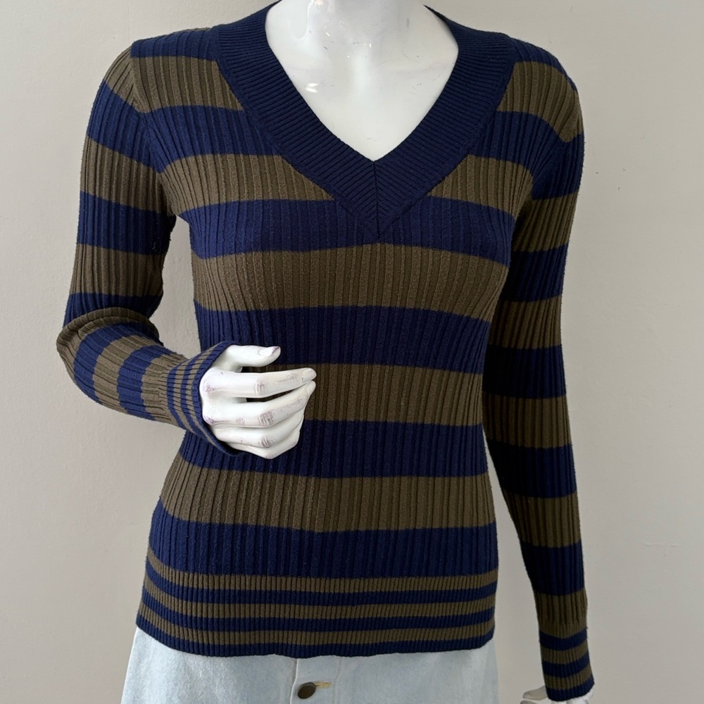 Vintage Y2K Energie Navy & Army Green Ribbed Knit Lightweight V-neck Sweater